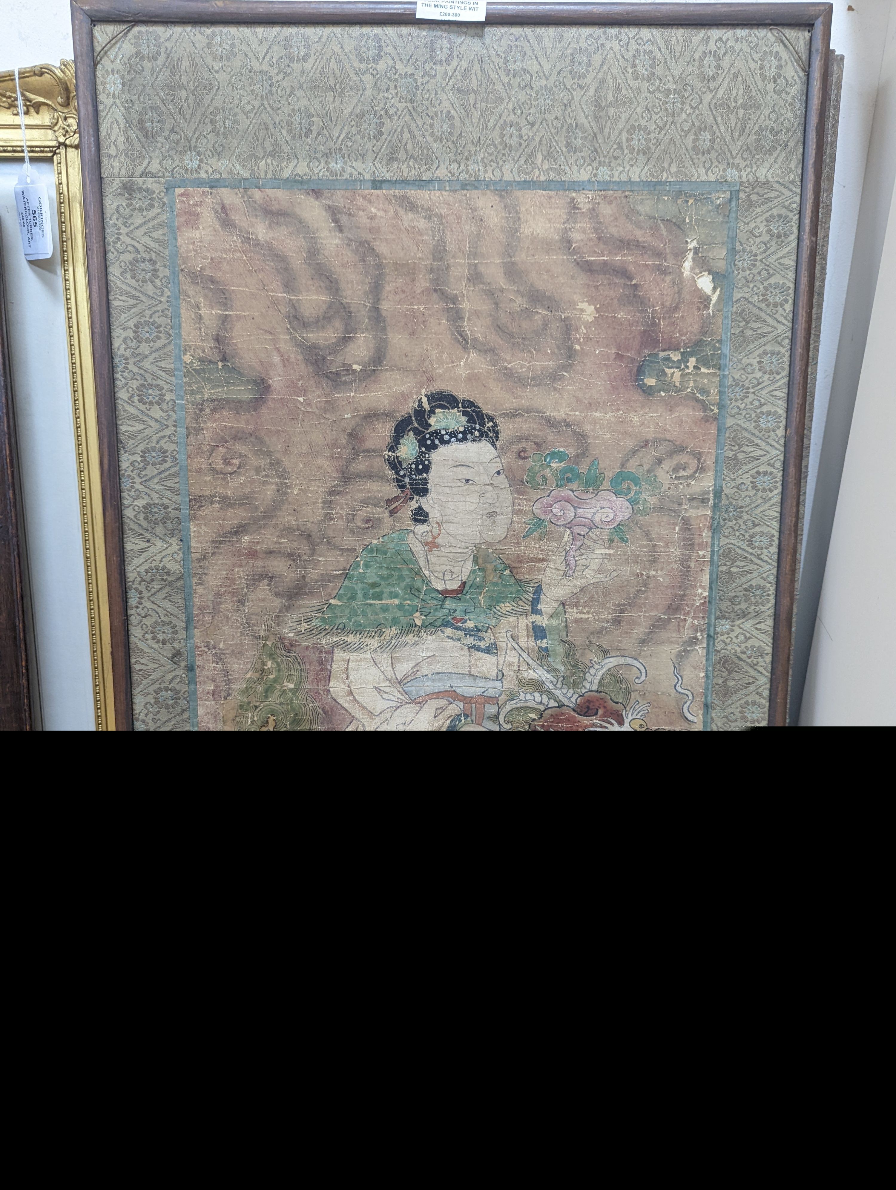 Four paintings in the Ming style with mythical beasts, 43cms x 76cms high.